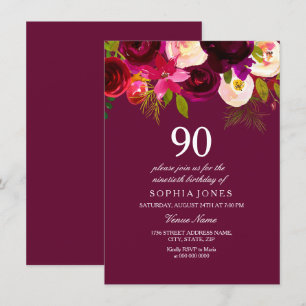 Elegant Burgundy Flowers 90:e Birthday Inbjudan