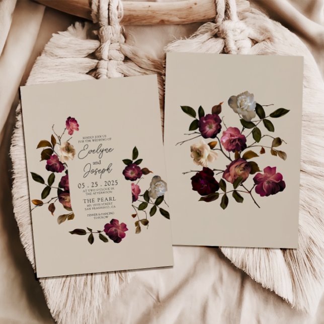 Elegant Burgundy Flowers Boho Chic Modern Bröllop Inbjudningar (Skapare uppladdad)