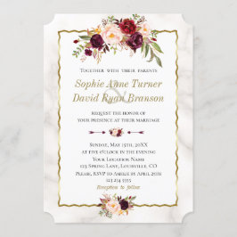 Elegant Burgundy  Flowers Guld Marble Bröllop Inbjudningar