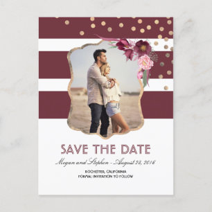 Elegant Burgundy Flowers Photo Save Date Meddelande Vykort