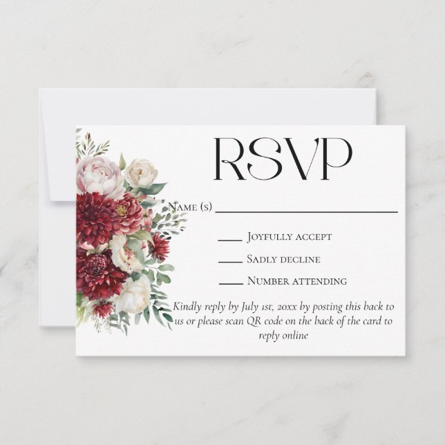 Elegant Burgundy Flowers QR Code Bröllop webbplats OSA Kort (Framsida)