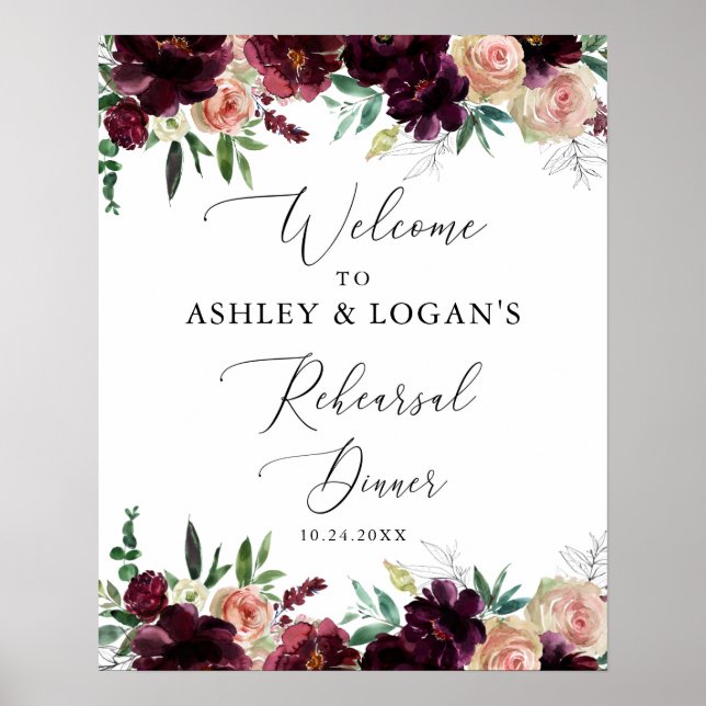Elegant Burgundy Flowers Rehearsal Dinner Välkomme Poster (Framsidan)