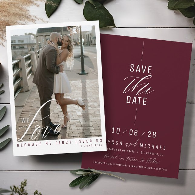 Elegant Burgundy Foto Modern Kristet Bröllop Spara Datumet (Love scripture elegant photo simple burgundy maroon religious modern Christian wedding save the date)