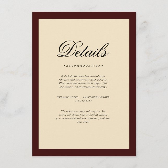 Elegant Burgundy Frame Wedding Details Tilläggskort (Framsida)