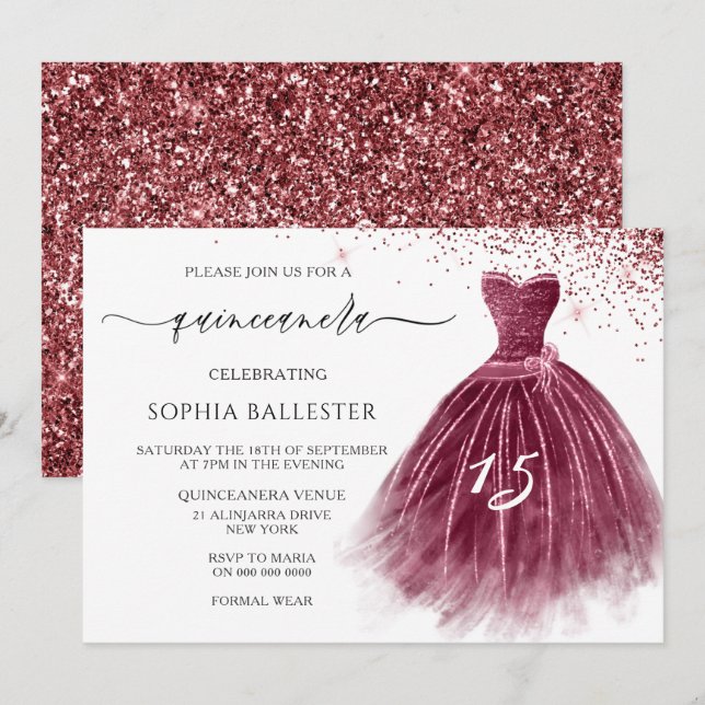 Elegant Burgundy Glitter Gown Quinceanera Party Inbjudningar (Fram/baksida)