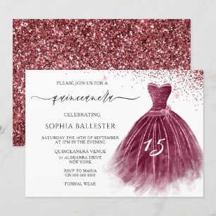 Elegant Burgundy Glitter Gown Quinceanera Party Inbjudningar