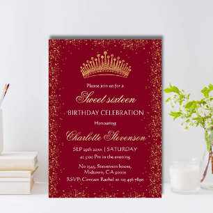 Elegant burgundy Glitter Guld Krona Sweet 16 Bday Inbjudningar