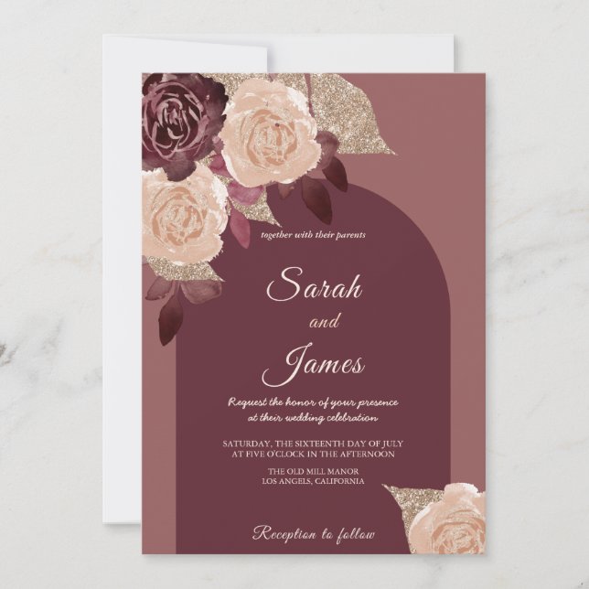 Elegant Burgundy Glittery Watercolor Ro Bröllop Inbjudningar (Framsida)