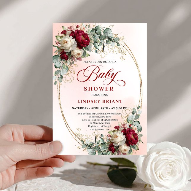 Elegant Burgundy Gold Boho Baby Shower Invitation Inbjudningar (Elegant Burgundy Gold Boho Baby Shower Invitation)