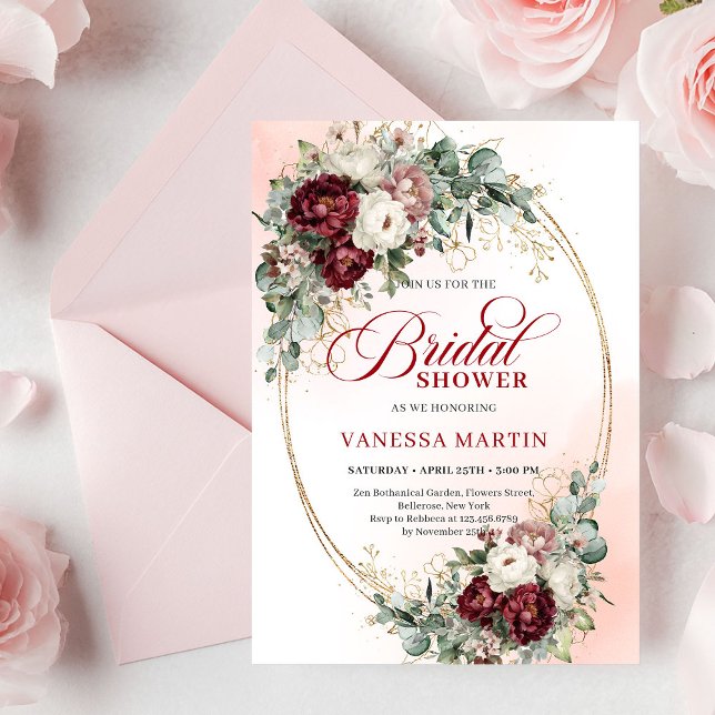 Elegant Burgundy Gold Floral Eucalyptus Shower Inbjudningar (Elegant Burgundy Gold Floral Eucalyptus Shower Invite)