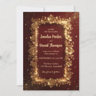 Elegant Burgundy & Gold Floral Frame Wedding  Inbjudningar