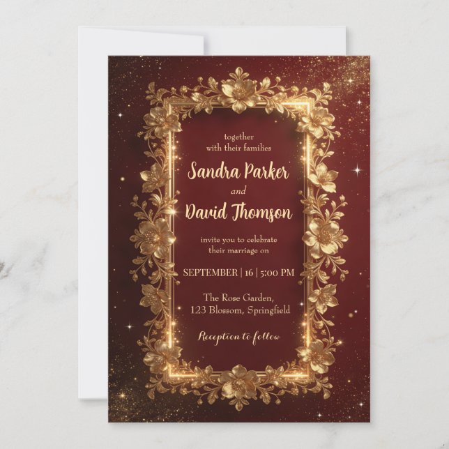 Elegant Burgundy & Gold Floral Frame Wedding  Inbjudningar (Framsida)
