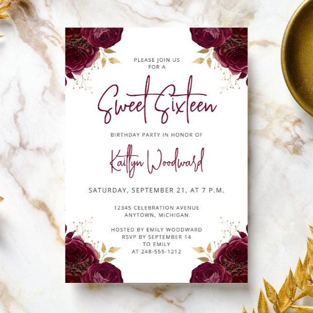 Elegant Burgundy Gold Floral Sweet 16 Party Inbjudningar (Skapare uppladdad)
