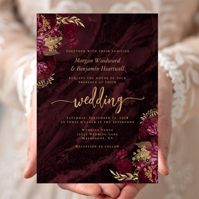Elegant Burgundy Gold Floral Wedding Inbjudningar (Skapare uppladdad)