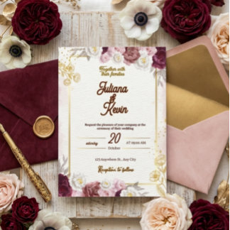 Elegant Burgundy & Gold Floral Wedding Invitation Inbjudningar