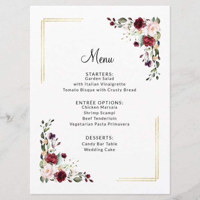 Elegant Burgundy Gold Foil Blommigt Bröllop Middag Meny (Framsida)