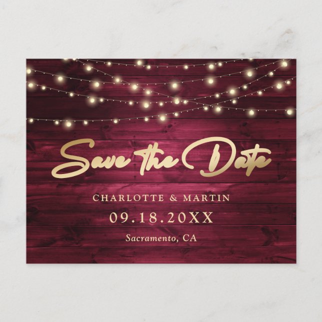 Elegant Burgundy Gold Foil Wood Save Date Meddelande Vykort (Framsida)