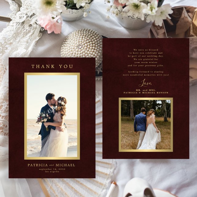 Elegant burgundy gold photo wedding  tack kort (Skapare uppladdad)