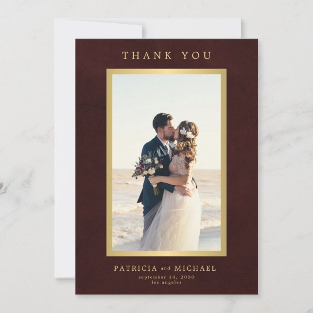 Elegant burgundy gold photo wedding  tack kort (Framsida)