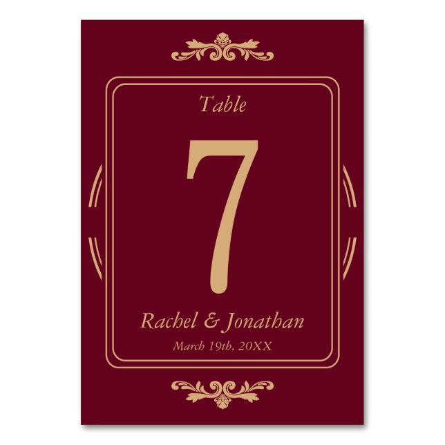 Elegant Burgundy & Gold Wedding Table Number Card Bordsnummer (Framsidan)