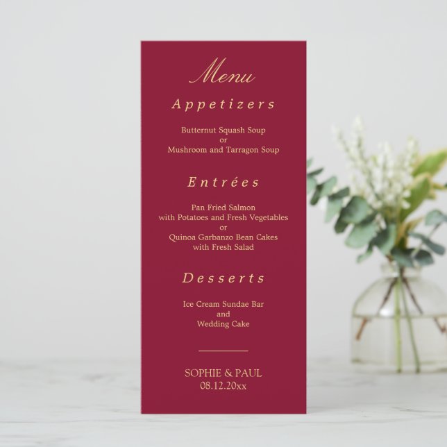 Elegant Burgundy Golden Beige Bröllop Menu Meny (Stående Fram)