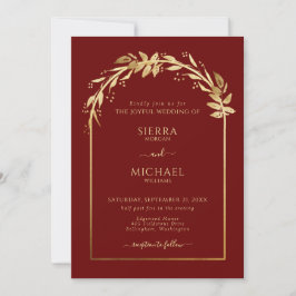 Elegant Burgundy Golden Foliage Bröllop Arch Inbjudningar