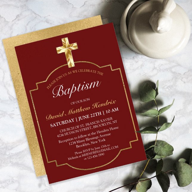 Elegant Burgundy Golden Kor Boys Baptism Inbjudningar (Skapare uppladdad)