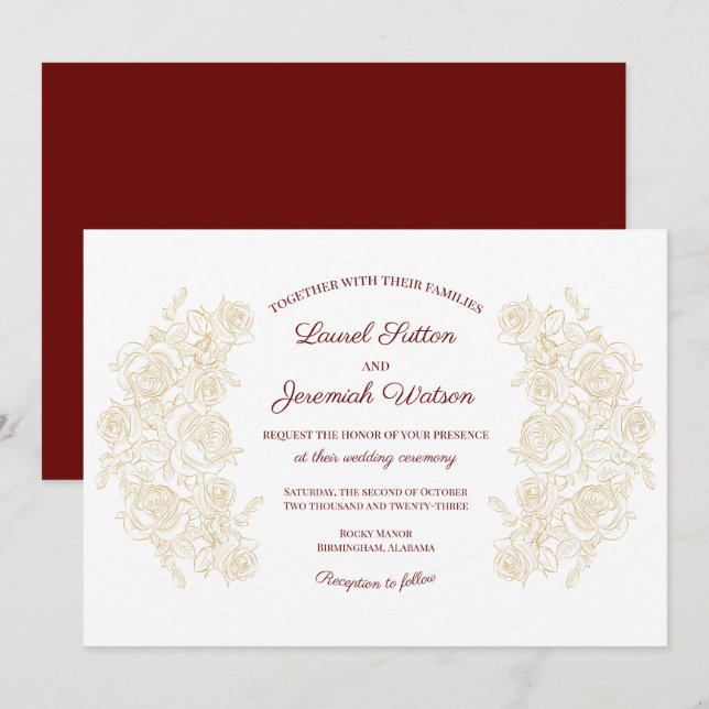 Elegant Burgundy & Golden Ro bröllopsinbjudan Inbjudningar (Fram/baksida)