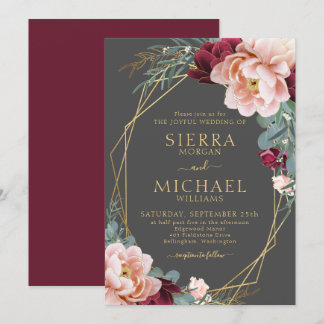 Elegant Burgundy Grått Guld Peony Bröllop Inbjudningar