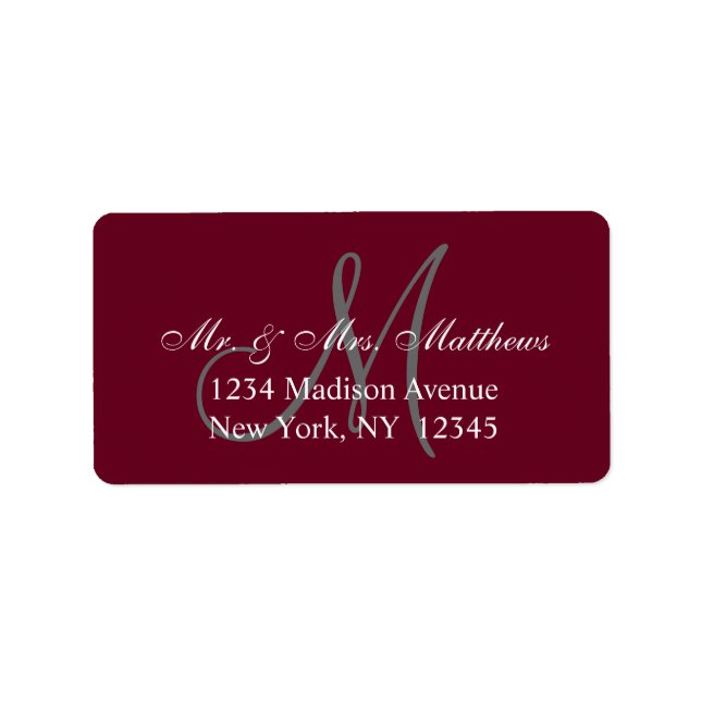 Elegant Burgundy Grått Monogram Bröllop Adress Adressetikett (Framsidan)