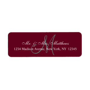 Elegant Burgundy Grått Monogram Bröllop Adress Returadress Etikett