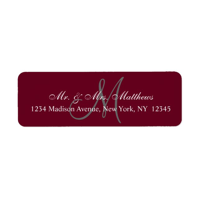 Elegant Burgundy Grått Monogram Bröllop Adress Returadress Etikett (Framsidan)