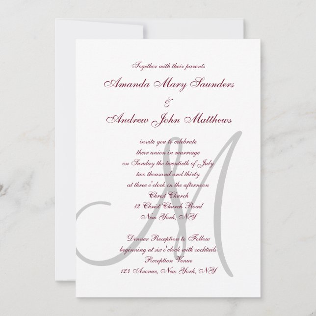 Elegant Burgundy Grått Monogram Formell Bröllop Inbjudningar (Baksida)