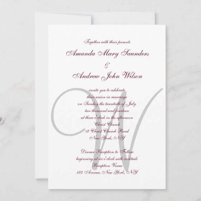 Elegant Burgundy Grått Monogram Formell Bröllop Inbjudningar (Baksida)