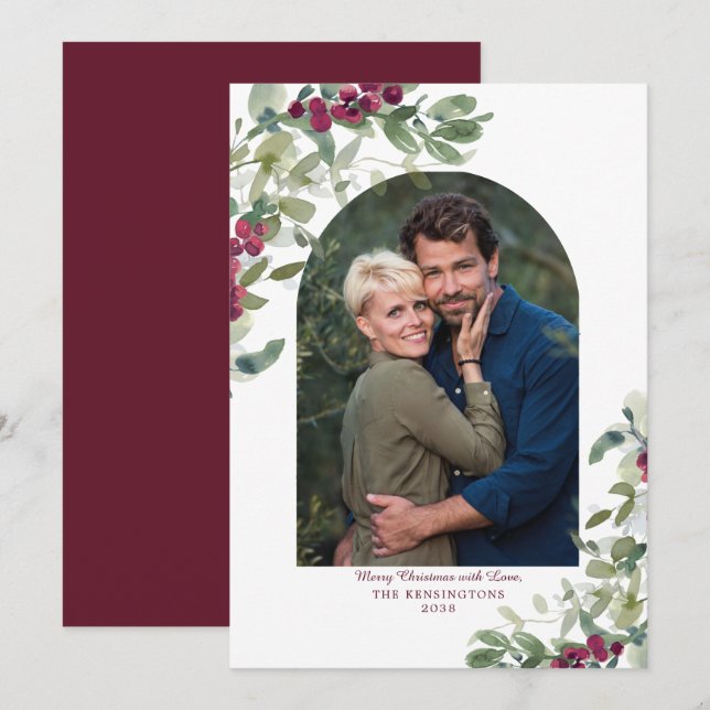 Elegant Burgundy Greenery Arch-julfoto Julkort (Fram/baksida)
