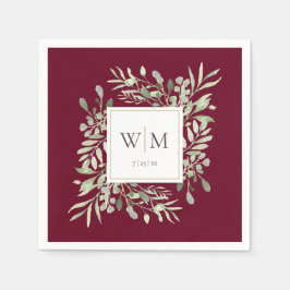 Elegant Burgundy Greenery Guld Monogram Pappersservett