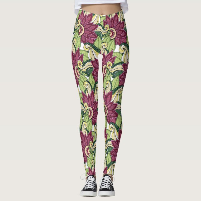 Elegant Burgundy Grönt Gula blommor och Swirl Leggings (Framsida)
