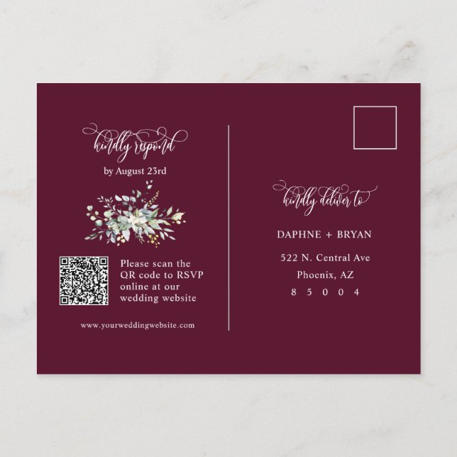 Elegant Burgundy Grönt Löv QR Code Adress OSA Vykort (Baksida)