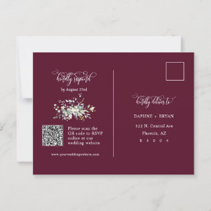 Elegant Burgundy Grönt Löv QR Code Adress OSA Vykort