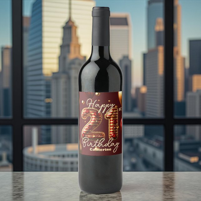 Elegant Burgundy & Guld 21:a födelsedagen Firande Vinflaska Etikett (Skapare uppladdad)