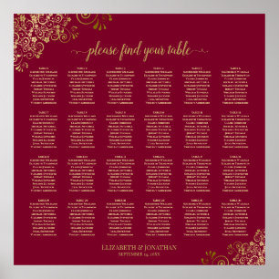 Elegant Burgundy & Guld 24 Bord sätesdiagram Poster