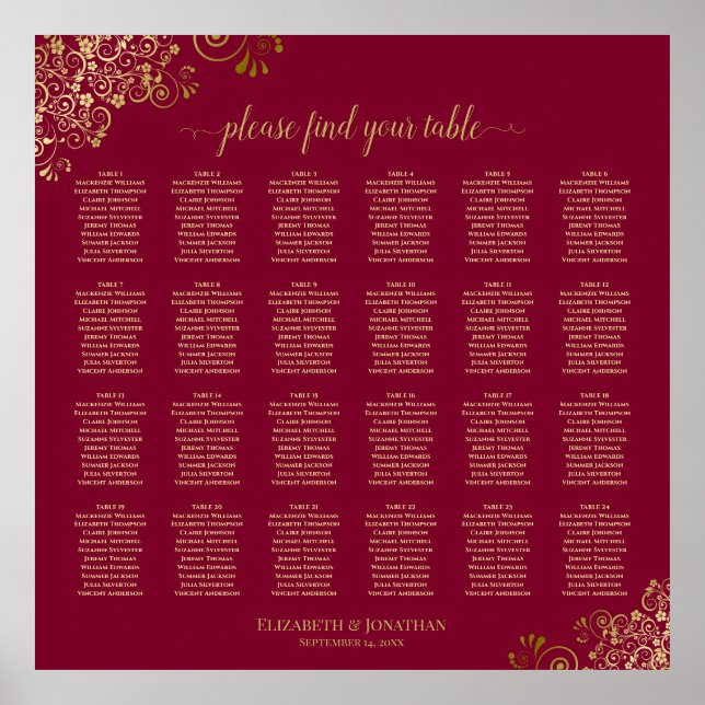Elegant Burgundy & Guld 24 Bord sätesdiagram Poster (Framsidan)