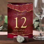 Elegant Burgundy & Guld Agate Bröllop Bordsnummer<br><div class="desc">Fira i stil med dessa moderna och mycket trendig bröllop-kort för bordsnummer. Utformningen har en vattenfärgsburgundi och guld glitter agate-bakgrund med motsvarande handskrivna skriptteckensnittsformulering. Den här utformningen är enkel att anpassa med din speciella händelsetext och dina gäster blir glada när de ser dessa fantastiska bordsnummer. *** HUR DU ORDER ***...</div>