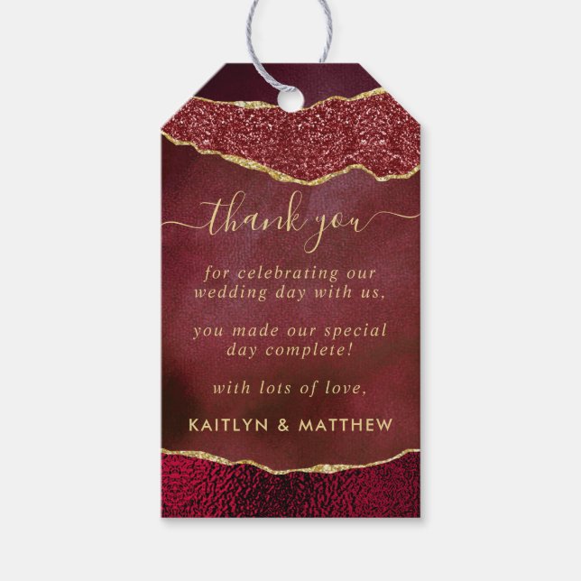 Elegant Burgundy & Guld Agate Bröllop Gift Märkres Presentetikett (Framsidan)