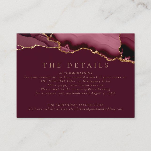 Elegant Burgundy Guld Agate Bröllop Information En Tilläggskort (Framsida)
