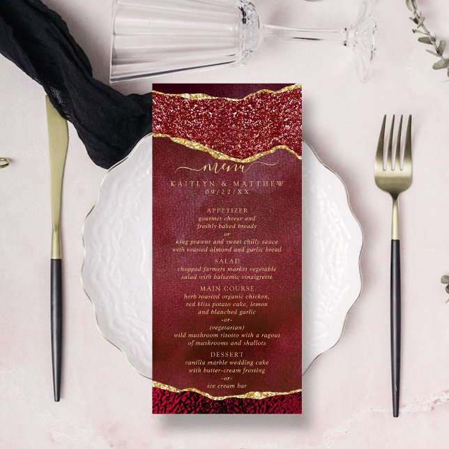 Elegant Burgundy & Guld Agate Bröllop Menu Reklamkort (Skapare uppladdad)