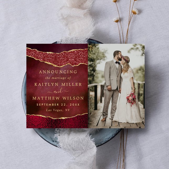 Elegant Burgundy & Guld Agate Bröllop Photo Meddelande (Skapare uppladdad)