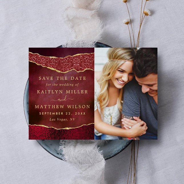 Elegant Burgundy & Guld Agate Bröllop Photo Spara Datumet (Skapare uppladdad)