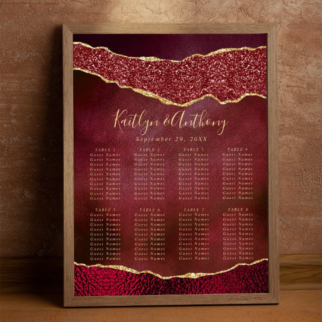 Elegant Burgundy & Guld Agate Bröllop-sätesplan Poster (Skapare uppladdad)