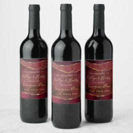 Elegant Burgundy & Guld Agate Bröllop Vinflaska Etikett
